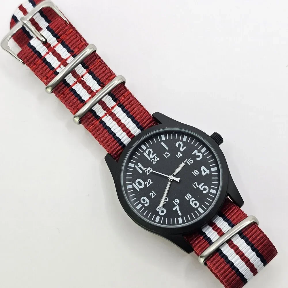 Men's Military Watch 42MM Large Case Black Dial Red Blue White Canvas Band Strap